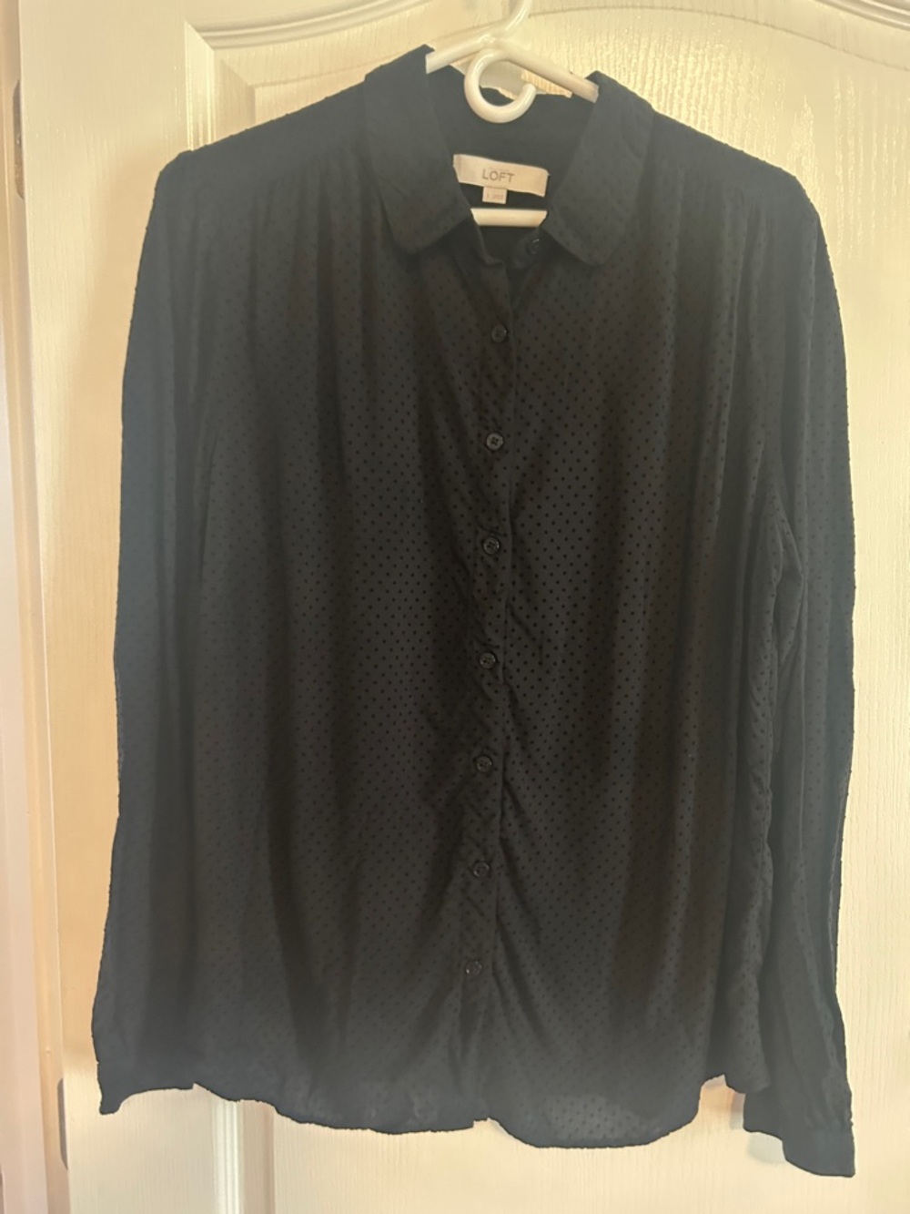 LOFT Black Sheer Dot-Texture Button Front Blouse Large